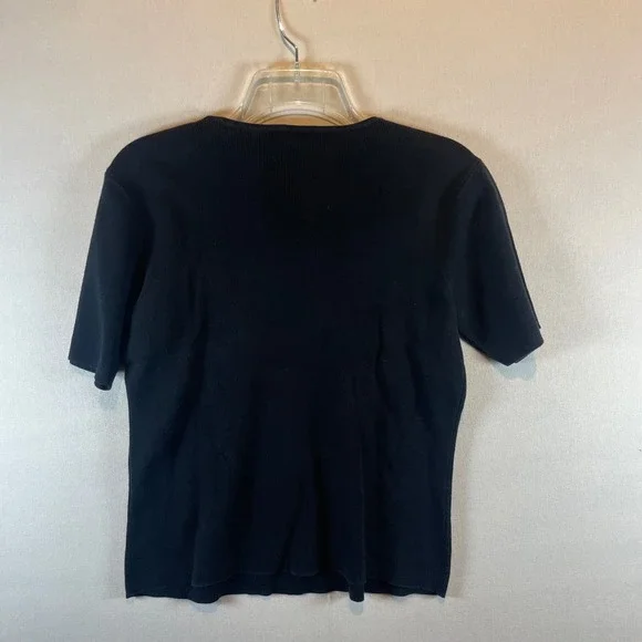 Talbots Black 100% Cotton Ribbed Short Sleeve Crew Neck Knit Top Small - Picture 3 of 8